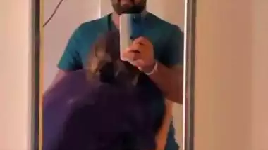 Hot wife boob sucking by husband in front of mirror