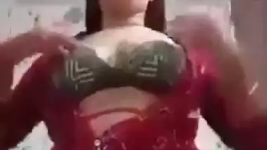 Sexy girl shows her boobs and ass to striptease her BF